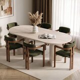 Hanah home trpezarijski set Aleria, ovalni sto i 6 stolica sa rukonaslonima, travertin i orah, zelena šenil tkanina | Eponuda.com