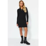 Trendyol Black Ribbed Fitted Dress with Zipper, Stand-Up Collar Long Sleeves, Flexible Knitted Dress Cene
