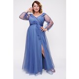 By Saygı Lace-Up Balloon Sleeve Belt Tulle Plus Size Long Dress Dark Blue