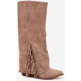 Boto Ladies Slip-On Cowboy Boots With Heel And Fringes Beige Zalia | Shoptok.si