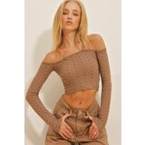 Trend Alaçatı Stili women's brown rope strap detailed long sleeve patterned crop knitted blouse Cene