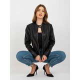 Fashion Hunters Black motorcycle jacket made of artificial leather with pockets Cene