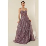 By Saygı Sequins And Glitter Underwired Long Dress With Beading Detailed, Lined Lilac Cene