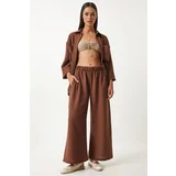 Happiness İstanbul Women's Brown Wide Pocket Linen Blend Shirt and Trousers Set