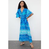 Trendyol Blue Ethnic Belted Patterned A-Line Double Breasted Collar Woven Dress Woven Dress Cijene