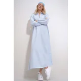 Trend Alaçatı Stili Women's Blue Shirt Collar Zippered Front Striped Woven Maxi Dress