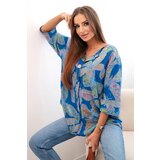 Kesi Włoski Women's cotton blouse with a butterfly pattern and buttons - cornflower blue | Shoptok.si
