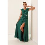 By Saygı Flounce Neck Belted Chiffon Long Slit Dress Large Size Indigo Cene
