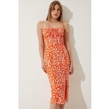  Women's Orange Floral Slit Knitted Dress | ePonuda.com