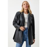  Women's Black Faux Leather Double Breasted Collar Short Trench Coat | Eponuda.ba