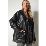  Women's Black Hooded Pocket Faux Leather Coat | Eponuda.ba