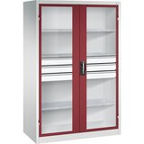 C+P Omara s krilnimi vrati z akrilnim steklom, VxŠxG 1950 x 1200 x 600 mm, 3 police, 3 predali, svetlo sive / rubinasto rdeče barve | Shoptok.si