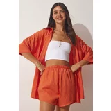 Happiness İstanbul Women's Orange Striped Shirt and Shorts Set