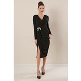 By Saygı Double-breasted Collar With Pleated Sides, Beading Detailed Dress Black Cene