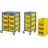 eurokraft pro voziček za komisioniranje, svetlo moder ral 5012, višina 1050 mm, s 4 posodami iz umetne mase prostornine 23 l | Shoptok.si