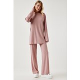  Women's Powder Ribbed Knitted Blouse With Trousers Suit cene