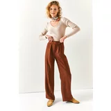 Olalook Women's Brown High Waist Winter Pants with Velcro Waist