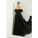 Lafaba Women's Black Boat Collar Draped Long Glittery Evening Dress with a Slit. Cene