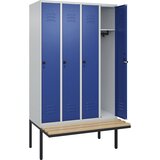 C+P Garderobna omara s klopjo Classic PLUS, 4 deli, svetlo sive / encijan modre barve, Š 1200 mm, varnostni vrtljivi zapah, lebdeča klop, bukov les | Shoptok.si