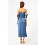 Lafaba Women's Indigo Boat Neck Draped Midi Evening Dress | shoptok.hr