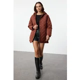Trendyol Dark Brown Oversize Pattern Hooded Water Repellent Quilted Coat
