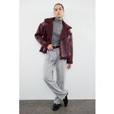 Trendyol burgundy plush detailed faux leather biker jacket coat