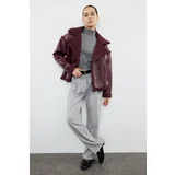 Trendyol Burgundy Plush Detailed Faux Leather Biker Jacket Coat