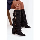 Boto Women's heeled boots with turned-up shaft and gold buckles eco suede black Isavelle Cene