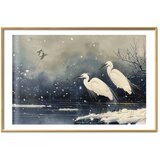  Plakat - Herons over a Winter Pond - illustration in the Japanese style in dark colors 30x21 Zlatni okvir s margom | shoptok.hr