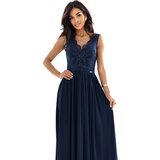 Numoco 215-6 LEA long elegant maxi dress with lace top and slit on the leg - navy blue | Shoptok.si