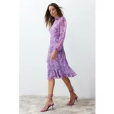 Trendyol Lilac Shawl Patterned Chiffon Lined Flounce Midi Woven Dress