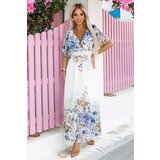 numoco basic 613-1 CELINA Airy maxi dress with envelope neckline, belt and floral ombre - light blue | Shoptok.si