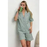 Trend Alaçatı Stili Women's Green Single Pocket Shorts Woven Pajamas Suit