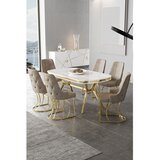 Hanah home trpezarijski set Epal, sto i 6 stolica, ploča u dekoru belog mermera, zlatne noge, kapućino tkanina Babyface | Eponuda.com