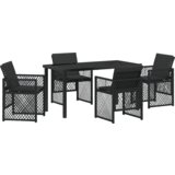 vidaXL 5-dijelni vrtni blagovaonski set s jastučićima crni poliratan, vrtni stol crni 140x80x73 cm staklo otpornog na udarce | shoptok.hr