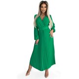 Numoco Pleated midi dress with a neckline, long sleeves and a wide belt Cene