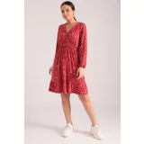 armonika Women's Red Double Breasted Neck Skirt Ruffled Elastic Waist Long Sleeve Dress