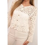 Kesi Włoski Ladies' summer openwork sweater with buttons and long sleeves beige | shoptok.hr