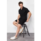 Trendyol Men's Black Regular/Normal Fit Polo Neck Labeled T-Shirt Shorts Tracksuit Set