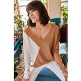 Olalook Women's Milky Brown Block V Neck Loose Knitwear Sweater Cene