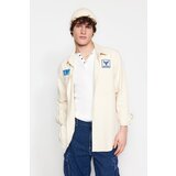 Trendyol Stone Men's Regular Fit Patch Label Detail Textured Herringbone Fabric Shirt | shoptok.hr