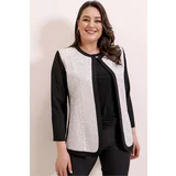 By Saygı Sequins Embroidered With Brooch Detail On The Collar Plus Size Jacket Blouse Set Silver