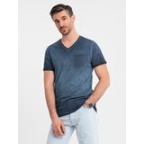Ombre Men's cotton V-neck knit t-shirt with wash effect - navy blue | Shoptok.si