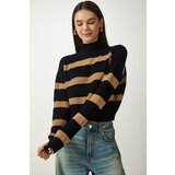 Happiness İstanbul Women's Black Biscuit Stand-Up Collar Striped Knitwear Sweater cene