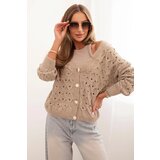 Kesi Włoski Women's openwork sweater with a V-neck and golden buttons dark beige Cene