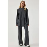 Happiness İstanbul Women's Anthracite Ribbed Knitted Blouse Pants Suit