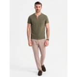 Ombre Men's T-shirt with button neckline and suede trim - dark olive | Shoptok.si