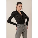 By Saygı Double-breasted Collar Blouse With Pleats, Waistband and Snap Button Black Cene