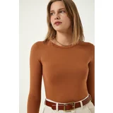 Happiness İstanbul Women's Camel Crew Neck Basic Viscose Knitted Blouse