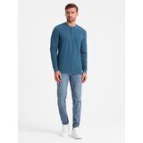 Ombre Men's waffle knit longsleeve fastened at the neck - blue denim | Shoptok.si